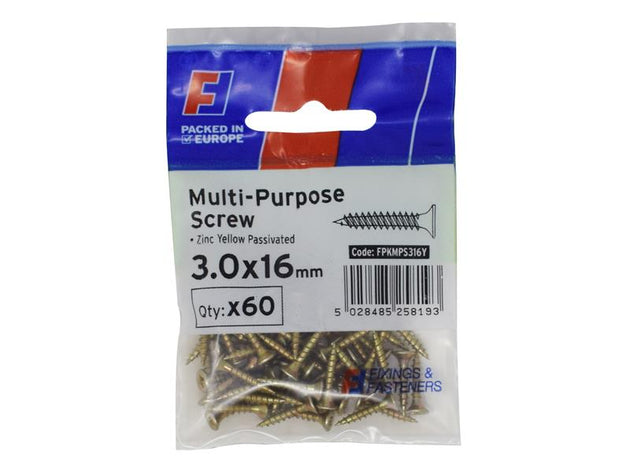 FORFPMS316Y - Multi-Purpose Pozi Screw CSK ST ZYP 3.0 x 16mm ForgePack 60