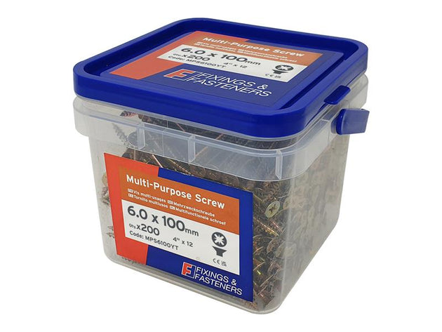FORMPS6100YT - Multi-Purpose Pozi Compatible Screw CSK ST ZYP 6.0 x 100mm Tub 200