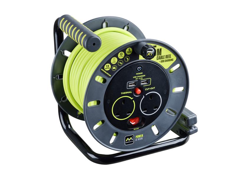 MSTOMU25132 - PRO-XT Open Cable Reel 240V 13A 2-Socket & 2 USB (2.1A Shared) 25m