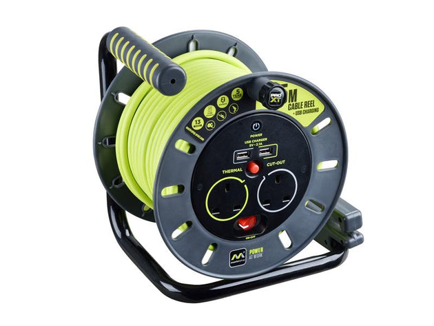 MSTOMU25132 - PRO-XT Open Cable Reel 240V 13A 2-Socket & 2 USB (2.1A Shared) 25m
