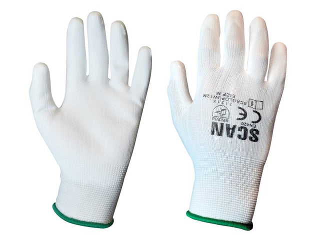 SCAGLOPUW12M - White PU Coated Gloves - M (Size 8) (Pack 12)