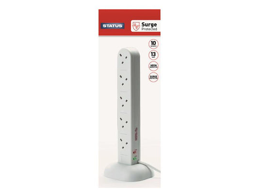 SIN10SM2TSP - Surge Protected Tower Multi Plug Extension 240V 10-Gang 13A White 2m