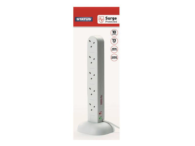 SIN10SM2TSP - Surge Protected Tower Multi Plug Extension 240V 10-Gang 13A White 2m