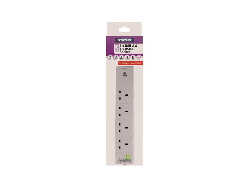 SIN4S2MBUSB2 - Extension Lead 4 Way + USB A and C + Surge Protection 2m S4W2MACUSB1PK6