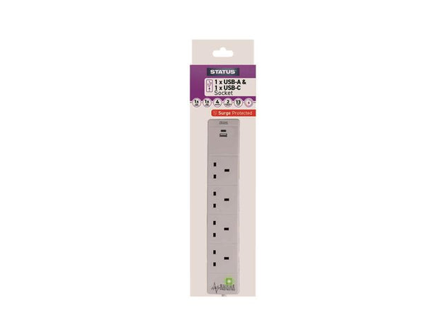 SIN4S2MBUSB2 - Extension Lead 4 Way + USB A and C + Surge Protection 2m S4W2MACUSB1PK6