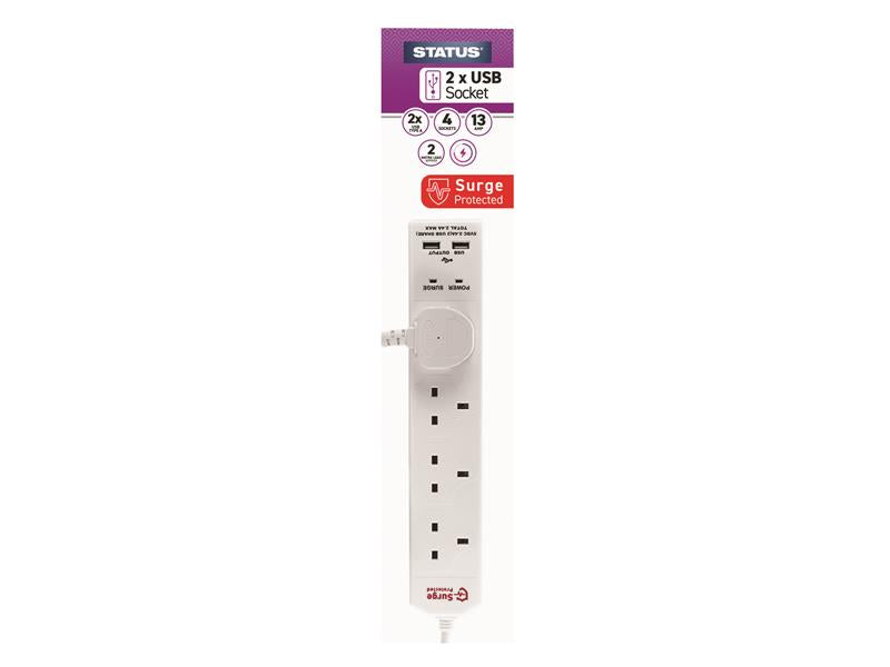SIN4SM2WUSB2 - Extension Lead 240V 4-Gang + 2 USB 13A 2m White