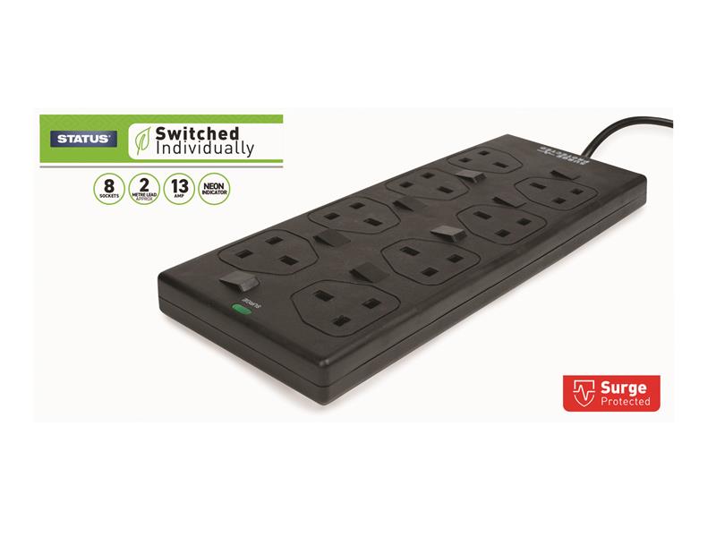 SIN8SM2BSS - Individually Switched Extension Lead 240V 8-Gang 13A Black 2m
